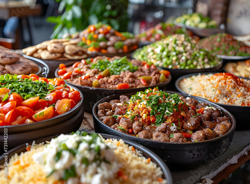 Tiny plates of Persian and Arabic food, including tajines, taboule, couscous, and mint, representing festive Ramadan meals and Muslim delicatessen.