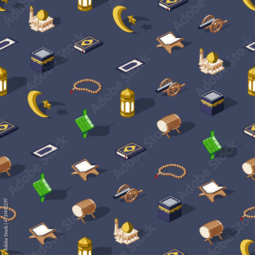 Seamless pattern of ramadan isometric icons on dark blue background