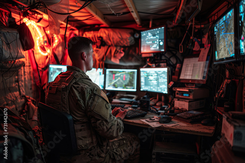 Soldier Command operating at control panel in monitoring war room on war base. Generative AI