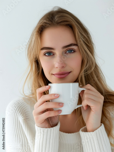 Close up of a young woman holding coffee cup on white background. Generative Ai