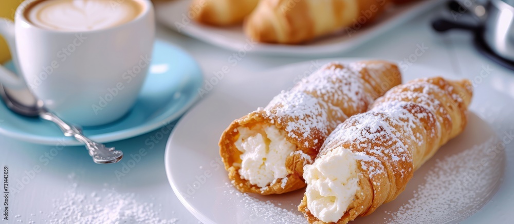 A dessert dish consisting of cannoli, a type of baked goods, topped with powdered sugar, served alongside a cup of coffee on a table.