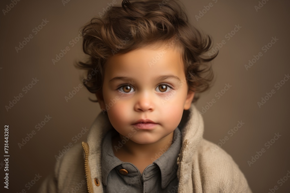 Cute little boy with curly hair looking at camera. Studio shot. Cute little boy with curly hair looking at camera. Studio shot.
