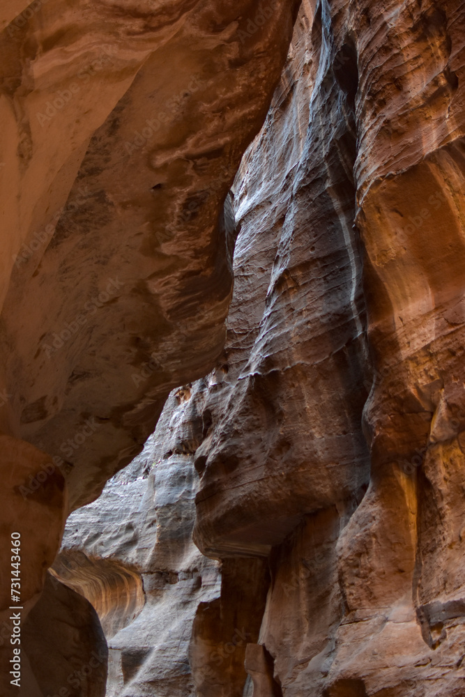 Rocky canyon entrance to the city of Petra, Wadi Musa, Jordan.