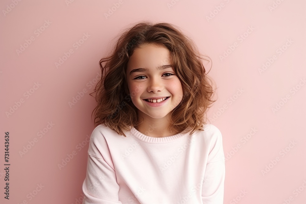 Portrait of a cute little girl with curly hair on a pink background Portrait of a cute little girl with curly hair on a pink background