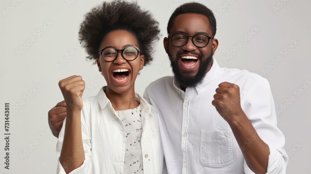 African American man and woman happy for win, excited ethnic couple in spectacles feel overjoyed receiving good news being successful isolated on grey studio background - obrazy, fototapety, plakaty 