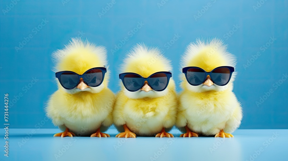 Sun-Kissed Trio: Three Adorable Yellow Chicks Rocking Blue Sunglasses in a Vibrant Studio Setting