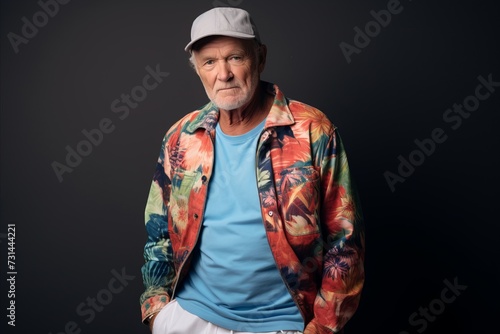 Portrait of an elderly man in a colorful shirt and cap.