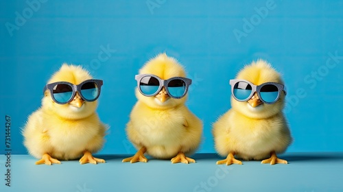 Sun-Kissed Cuties: Three Adorable Yellow Chicks Rocking Blue Sunglasses in a Fun Studio Photoshoot