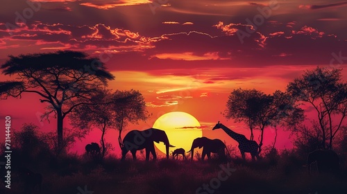 Silhouette of elephants and giraffes with sunset. Element of design. © Thanthara