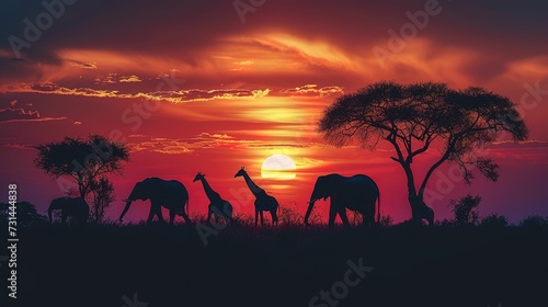 Silhouette of elephants and giraffes with sunset. Element of design. 