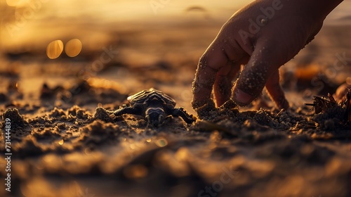 Intimate Moment Between a Human and a Baby Sea Turtle on a Beach at Sunset