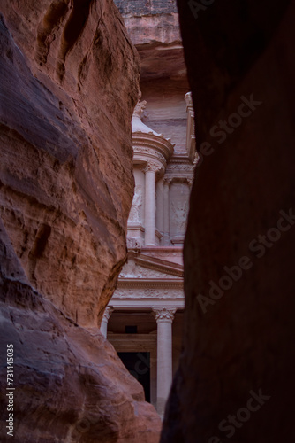 View of the Treasury of Petra from the entrance canyon, Wadi Musa, Jordan.