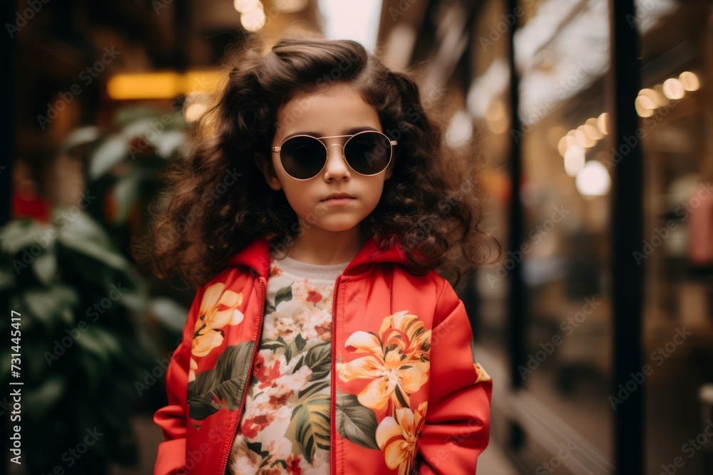 Fashionable little girl with curly hair in red coat and sunglasses Fashionable little girl with curly hair in red coat and sunglasses