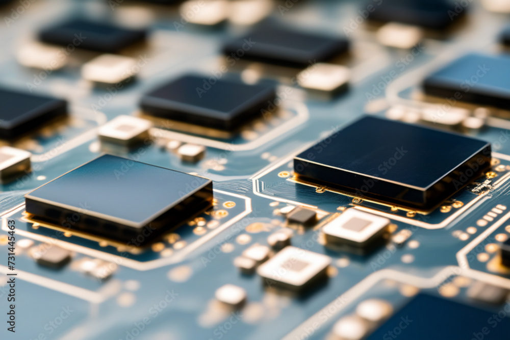 Close-up of a blue electronic circuit board with computer chips and components, showcasing digital technology and engineering Close-up of a blue electronic circuit board with computer chips and components, showcasing digital technology and engineering