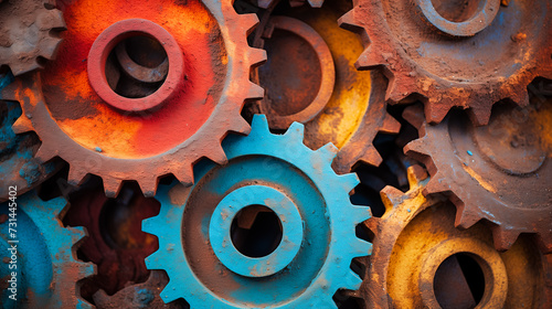 Illustration of colorful rusty old gear train for background use, Generative AI image.
