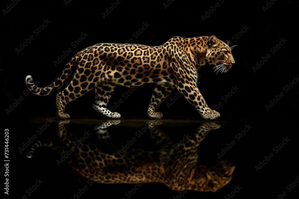 Close-up black-spotted yellow leopard in dark tones. Generative ai Close-up black-spotted yellow leopard in dark tones. Generative ai