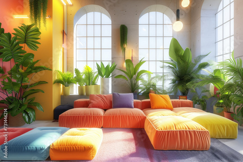 a modern living room with colorful furniture and many tropical plants