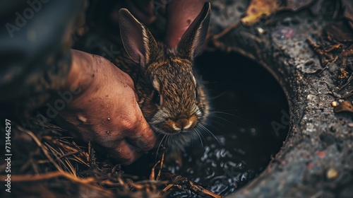 Fresh Rescue: Comforting a Frightened Rabbit Saved from a Dark Manhole