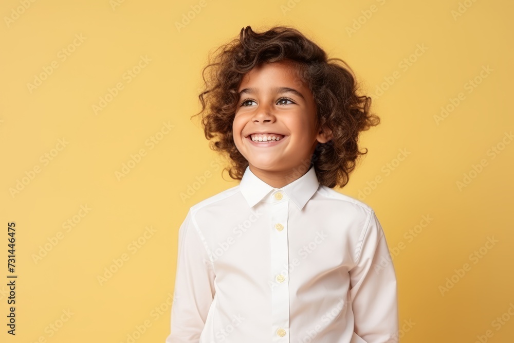 Portrait of a cute little boy with curly hair over yellow background Portrait of a cute little boy with curly hair over yellow background