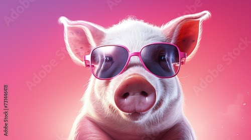  pig with sunglasses on pink background photo