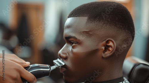 Barber trims hair with clipper on young unshaven black man in barbershop studio. Professional hairdresser cut hair with electric shearer machine on African guy.