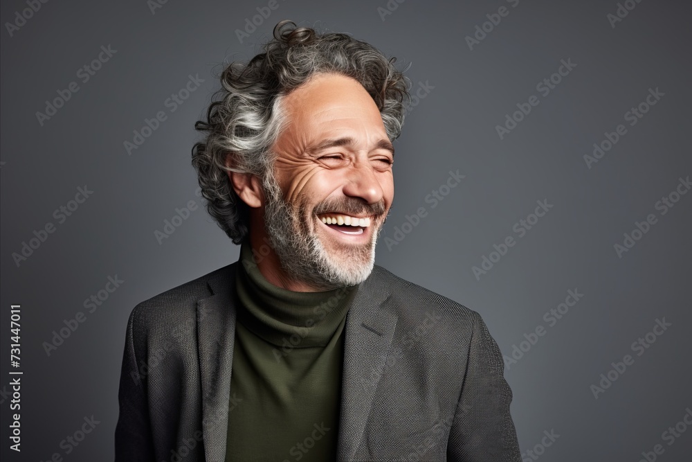 Portrait of a happy mature man laughing and looking at camera against grey background