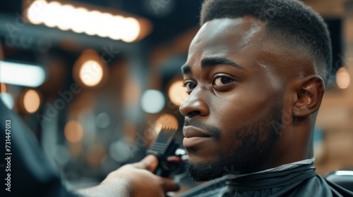Barber trims hair with clipper on young unshaven black man in barbershop studio. Professional hairdresser cut hair with electric shearer machine on African guy. photo