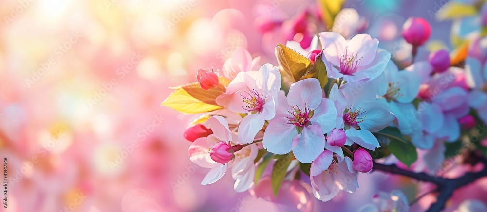 A close-up of a cherry blossom tree branch with pink and white flowers, showcasing the beauty of this flowering plant