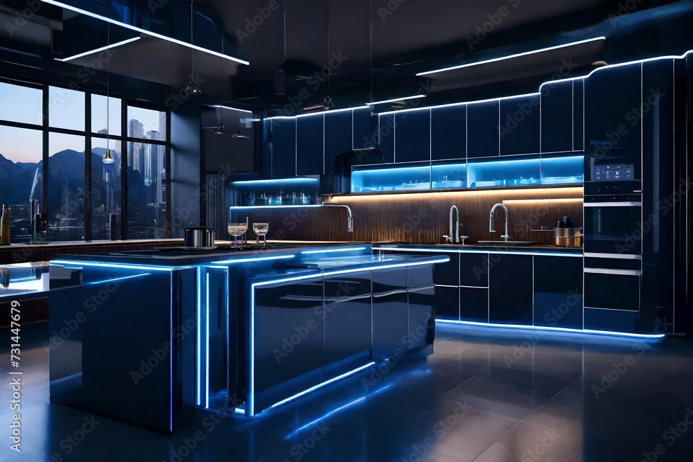 An ultra-modern kitchen with glossy cabinets, quartz countertops, and a mirrored backsplash for a futuristic feel. - obrazy, fototapety, plakaty 