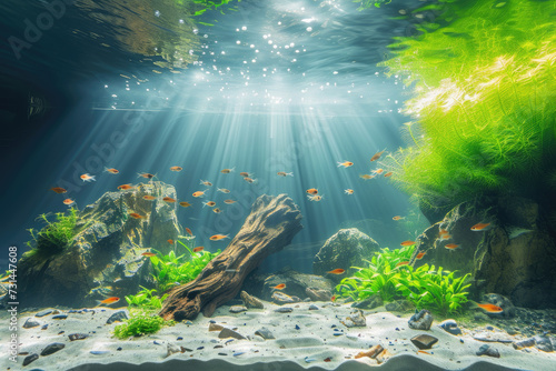 A captivating nature aquarium with underwater plants, driftwood, rocks, and fish, showcasing a harmonious aquascape design photo