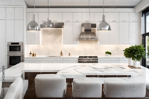 A minimalist kitchen featuring white cabinets, marble countertops, and a mosaic backsplash with under-cabinet lighting.