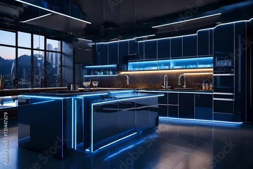 An ultra-modern kitchen with glossy cabinets, quartz countertops, and a mirrored backsplash for a futuristic feel.