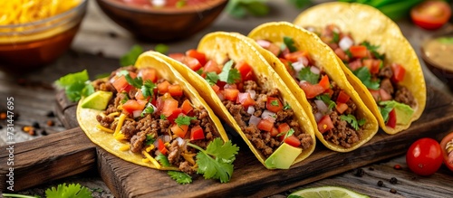 Favorite Tex-Mex or Mexican dish - tacos with crispy tortillas, sausage, bacon, beef, cheese, sour cream, salsa, guacamole, rice, and beans.