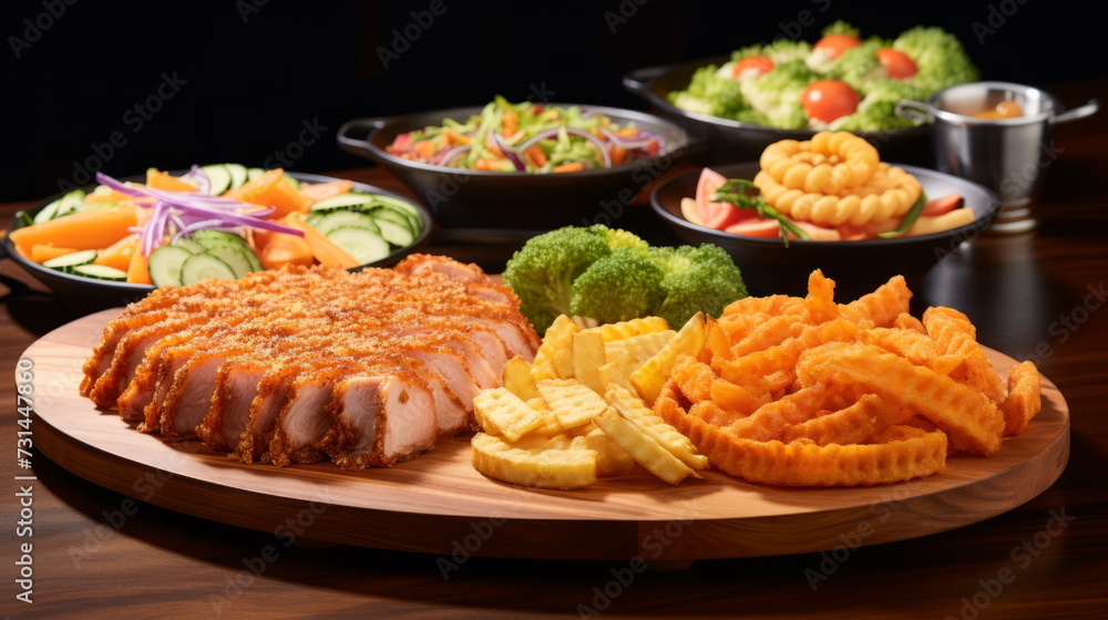 A delicious spread featuring succulent roasted meat accompanied by crispy fries and fresh vegetables