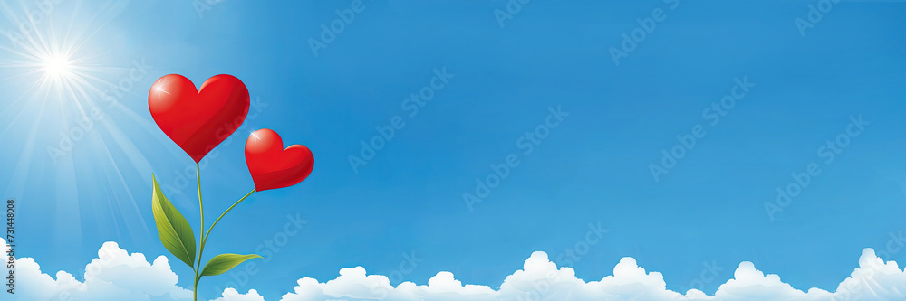 Sky. Heart. Blue, white, red. Cloud. Flower. Nature. Outdoors, air. The illustration is beautiful. Abstract background, Website template. Free space for text.
