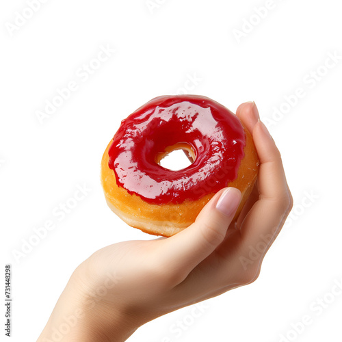 Woman’s hand gripping a delicious jelly donut: a close-up photo, Isolated on Transparent Background, PNG