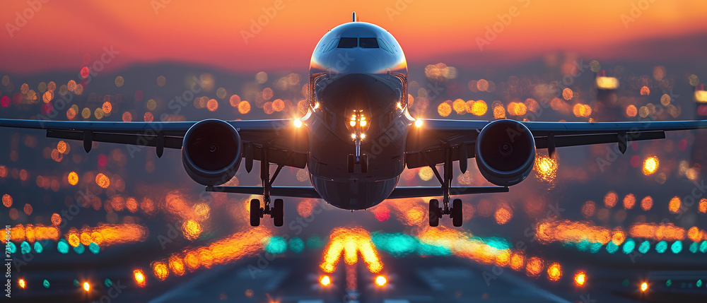 Airplane Landing at Twilight with City Lights - obrazy, fototapety, plakaty 