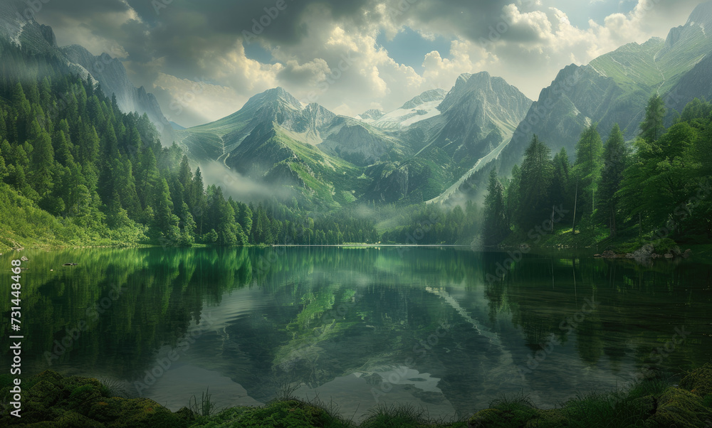 a mountain lake and surrounding pines with mountains and clouds