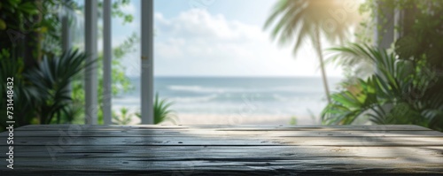 Beautiful scenery  empty white wooden table with  tropical beach view  blurred bokeh out of open window  product display  defocus bokeh  blurred background sea with sunlight. product display template