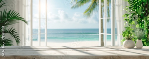 Beautiful scenery  empty white wooden table with  tropical beach view  blurred bokeh out of open window  product display  defocus bokeh  blurred background sea with sunlight. product display template