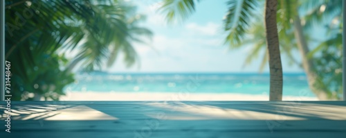 Beautiful scenery: empty white wooden table with tropical beach view, blurred bokeh out of open window, product display, defocus bokeh, blurred background sea with sunlight. product display template