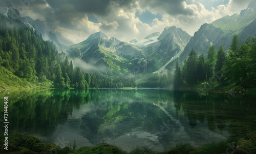 a mountain lake and surrounding pines with mountains and clouds