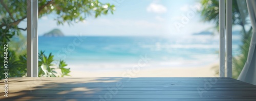 Beautiful scenery  empty white wooden table with  tropical beach view  blurred bokeh out of open window  product display  defocus bokeh  blurred background sea with sunlight. product display template