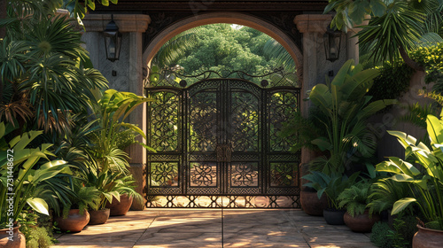 A wrought iron gate adorned with intricate patterns stands invitingly open, welcoming guests into the lush courtyard. photo
