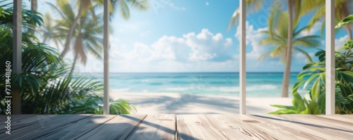 Beautiful scenery  empty white wooden table with  tropical beach view  blurred bokeh out of open window  product display  defocus bokeh  blurred background sea with sunlight. product display template