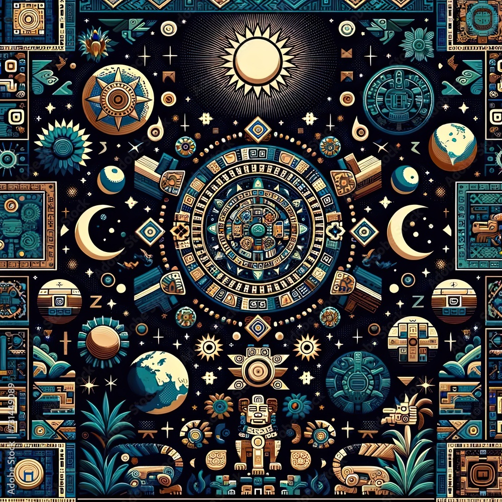ancient maya tribe seamless pattern sun and moon art tapestry design stone carvings and pottery decorations