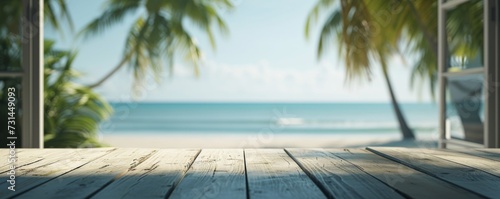 Beautiful scenery  empty white wooden table with  tropical beach view  blurred bokeh out of open window  product display  defocus bokeh  blurred background sea with sunlight. product display template