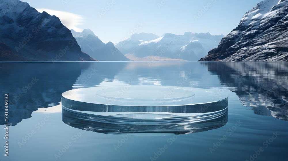 background for displaying products with water, ice, realistic landscape background with soft tonal colors, mountainous views