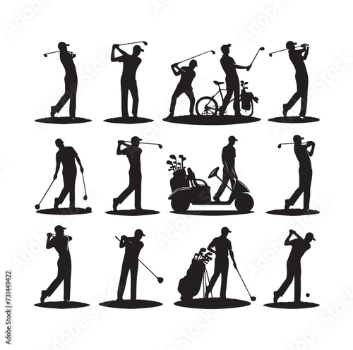 Golf player and icon silhouettes vector illustration set
