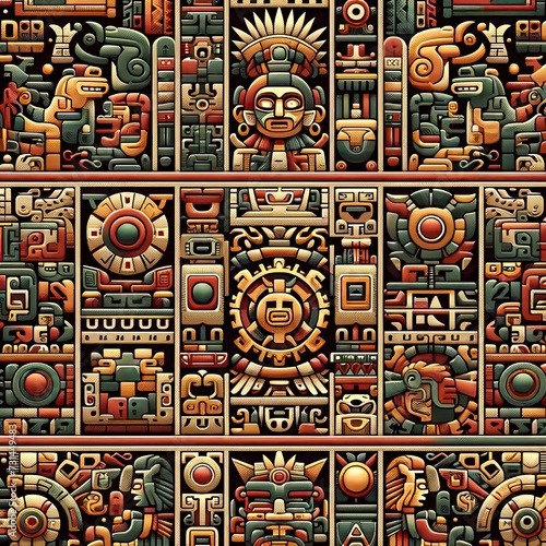 ancient maya tribe seamless pattern tribal art tapestry design stone carvings and pottery decorations © Rizaldy
